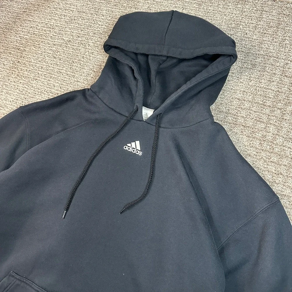 Vintage Adidas Hoodie Mens XL Black Pullover Sweatshirt Center Logo Jumper Y2K